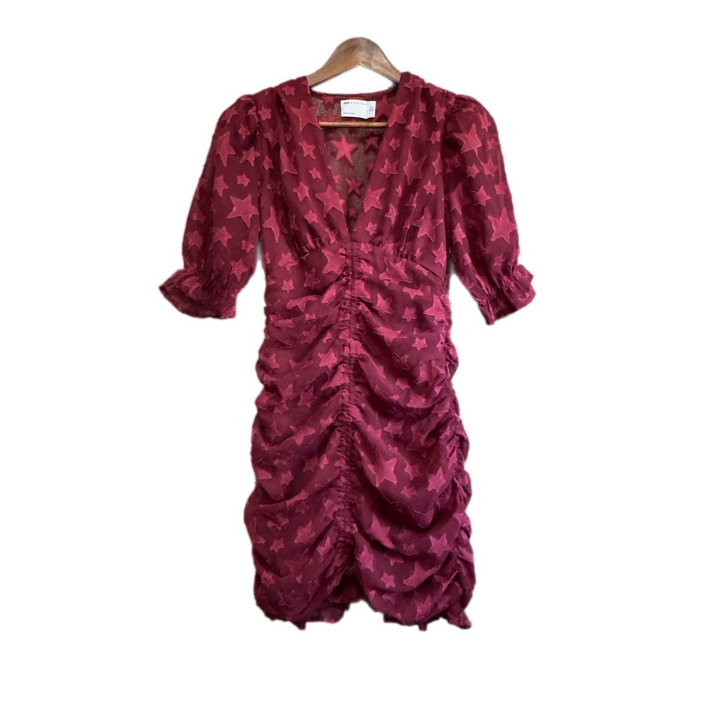 ASOS Design Mini Dress Women 2 Burgundy Excellent Ruched Star Burnout Mesh VNeck